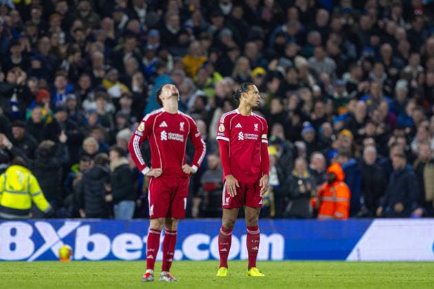Football - FA Premier League - Leeds United FC v Liverpool FC LEEDS, ENGLAND - Saturday, December 6, 2025: Liverpool s xxxx react to conceding the second and equalising goal during the FA Premier League match between Leeds United FC and Liverpool FC at Elland Road. (Photo by David Rawcliffe Propaganda) LEEDS Elland Road YORKSHIRE ENGLAND  Copyright: xDavidxRawcliffex P2025-12-06-Leeds_Liverpool-140