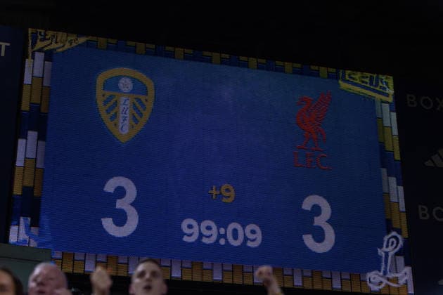 Football - FA Premier League - Leeds United FC v Liverpool FC LEEDS, ENGLAND - Saturday, December 6, 2025: Scoreboard showing Leeds United 3-3 Liverpool during the FA Premier League match between Leeds United FC and Liverpool FC at Elland Road. (Photo by David Rawcliffe Propaganda) LEEDS Elland Road YORKSHIRE ENGLAND  Copyright: xDavidxRawcliffex P2025-12-06-Leeds_Liverpool-175