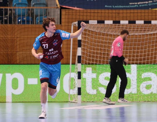 GER HBL2 Season 2025 2026 VfL Potsdam vs EULEN Ludwigshafen, 06 12 25, MBS Arena, Potsdam Nils FUHRMANN 1 VfL Potsdam 27 cheers after scoring, emotion, fist