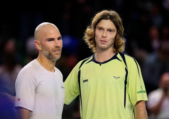 6th December 2025; Copper Box Arena, London, England; Victorian Plumbing UTS London Grand Final Tennis, Day Two; Andrey Rublev shakes hands with Adrian Mannarino after the match  HongboxChen