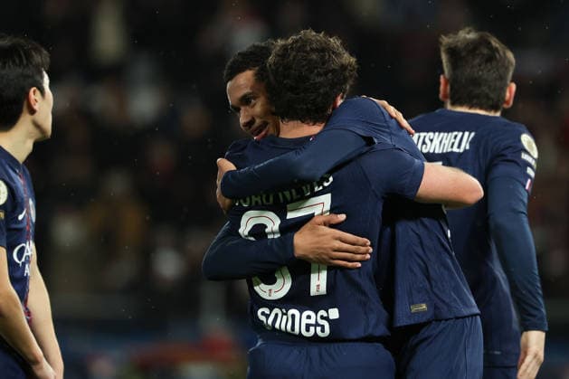 FBL FRA LIGUE1 Paris Saint Germain Stade Rennes Joao Neves Paris Saint Germain , Senny Mayulu Paris Saint Germain celebrat the goal during the French L1 football match between Paris Saint Germain PSG an Stade Rennes at Parc des Princes Paris ,France, on December 06, 2025 Copyright: JoaquimxFerreira