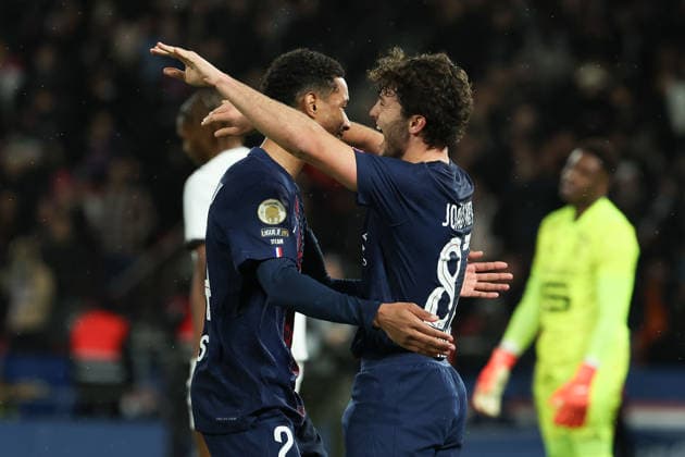 FBL FRA LIGUE1 Paris Saint Germain Stade Rennes Senny Mayulu Paris Saint Germain and Joao Neves Paris Saint Germain celebrates after scoring a goal during the French L1 football match between Paris Saint Germain PSG an Stade Rennes at Parc des Princes Paris ,France, on December 06, 2025 Copyright: JoaquimxFerreira