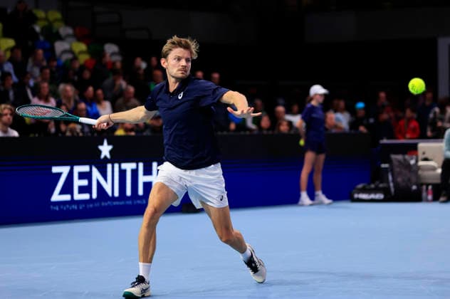 6th December 2025; Copper Box Arena, London, England; Victorian Plumbing UTS London Grand Final Tennis, Day Two; David Goffin plays a forehand shot against Francisco Cerundolo  HongboxChen