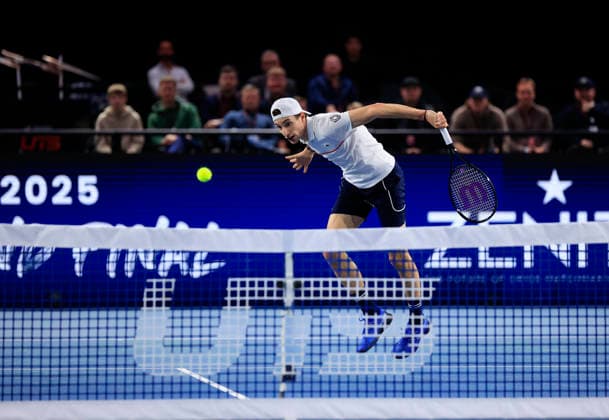 6th December 2025; Copper Box Arena, London, England; Victorian Plumbing UTS London Grand Final Tennis, Day Two; Ugo Humert plays a backhand shot against Casper Ruud  HongboxChen