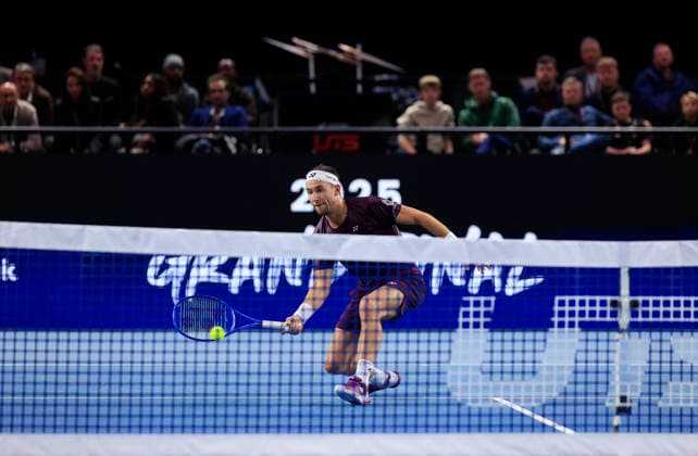6th December 2025; Copper Box Arena, London, England; Victorian Plumbing UTS London Grand Final Tennis, Day Two; Casper Ruud plays a forehand shot against Ugo Humert  HongboxChen