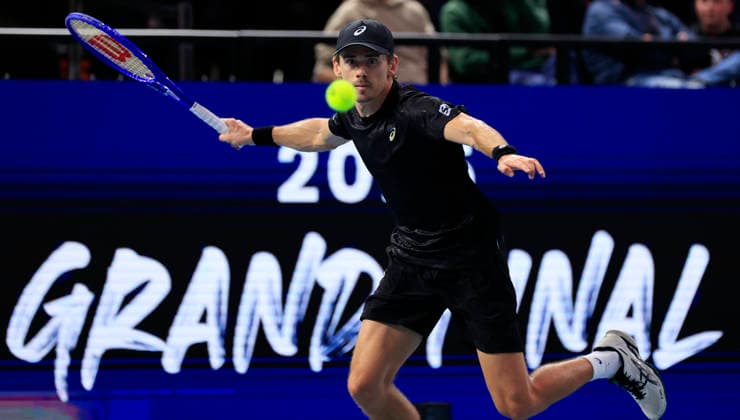 6th December 2025; Copper Box Arena, London, England; Victorian Plumbing UTS London Grand Final Tennis, Day Two; Alex de Minaur plays a backhand shot against Tomas Machac  HongboxChen