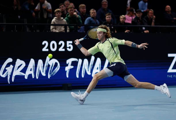 6th December 2025; Copper Box Arena, London, England; Victorian Plumbing UTS London Grand Final Tennis, Day Two; Andrey Rublev plays a forehand shot against Adrian Mannarino  HongboxChen