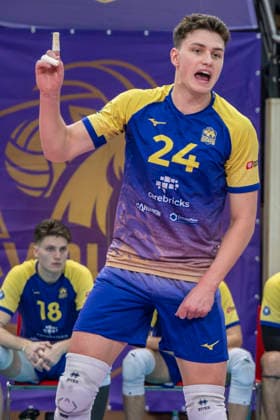 1 Volleyball Bundesliga Season 2025 2026 Cerebricks Volley Goats Mitteldeutschland vs Berlin Recycling Volleys Halle, Germany 06 December 2025 In the picture Clay Wieter Bitterfeld Cheers, joy, emotion, Halle Saale swh Arena Sachsen Anhalt Germany