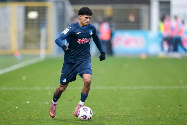 Ayoube Amaimouni Echghouyab TSG II, 7 , on the ball, cropped, full body, single image, single photo, action, action, 06 12 2025, Sinsheim Germany , Football, 3 Liga, TSG 1899 Hoffenheim II SSV Jahn Regensburg, DFB DFL REGULATIONS PROHIBIT ANY USE OF PHOTOGRAPHS AS IMAGE SEQUENCES AND OR QUASI VIDEO xozx