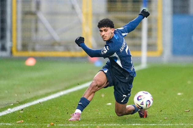Ayoube Amaimouni Echghouyab TSG II, 7 , on the ball, cropped, full body, single image, single photo, action, action, 06 12 2025, Sinsheim Germany , Football, 3 Liga, TSG 1899 Hoffenheim II SSV Jahn Regensburg, DFB DFL REGULATIONS PROHIBIT ANY USE OF PHOTOGRAPHS AS IMAGE SEQUENCES AND OR QUASI VIDEO xozx