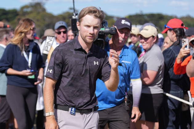 December 7, 2025, Melbourne, Victoria, Australia: Rasmus Neergaard-Petersen of Denmark celebrates after winning the 2025 Crown Australian Open at The Royal Melbourne Golf Club in Melbourne, Victoria, Australia. Melbourne Australia - ZUMAl303 20251207_aaf_l303_016 Copyright: xSydneyxLowx