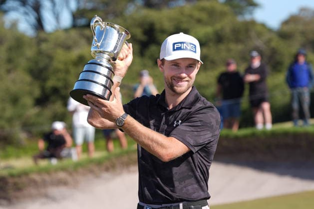 December 7, 2025, Melbourne, Victoria, Australia: Rasmus Neergaard-Petersen of Denmark with the Stonehaven Cup trophy after winning the 2025 Crown Australian Open at The Royal Melbourne Golf Club in Melbourne, Victoria, Australia. Melbourne Australia - ZUMAl303 20251207_aaf_l303_018 Copyright: xSydneyxLowx