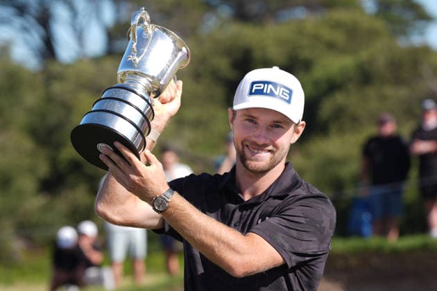 December 7, 2025, Melbourne, Victoria, Australia: Rasmus Neergaard-Petersen of Denmark with the Stonehaven Cup trophy after winning the 2025 Crown Australian Open at The Royal Melbourne Golf Club in Melbourne, Victoria, Australia. Melbourne Australia - ZUMAl303 20251207_aaf_l303_020 Copyright: xSydneyxLowx