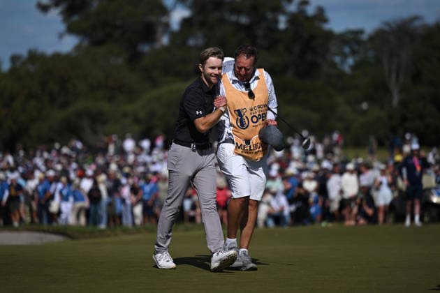 GOLF AUSTRALIAN OPEN, Rasmus Neergaard-Petersen of Denmark (left) celebrates with his caddy Brian Nilsso after winning the Australian Open Golf tournament at the Royal Melbourne Golf Club in Melbourne, Sunday, December 7, 2025. ( NO ARCHIVING, EDITORIAL USE ONLY MELBOURNE VICTORIA AUSTRALIA  Copyright: xJAMESxROSSx 20251207168615153654