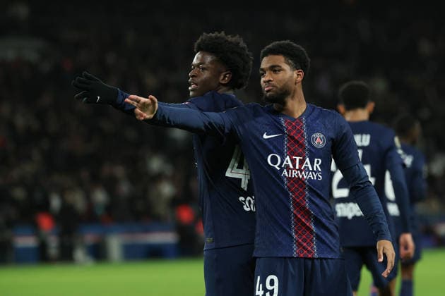FBL FRA LIGUE1 Paris Saint Germain Stade Rennes Quentin Ndjantou Paris Saint Germain and Ibrahim Mbaye Paris Saint Germain celebrates after scoring a goal during the French L1 football match between Paris Saint Germain PSG an Stade Rennes at Parc des Princes Paris ,France, on December 06, 2025 Copyright: JoaquimxFerreira