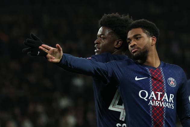 FBL FRA LIGUE1 Paris Saint Germain Stade Rennes Quentin Ndjantou Paris Saint Germain and Ibrahim Mbaye Paris Saint Germain celebrates after scoring a goal during the French L1 football match between Paris Saint Germain PSG an Stade Rennes at Parc des Princes Paris ,France, on December 06, 2025 Copyright: JoaquimxFerreira
