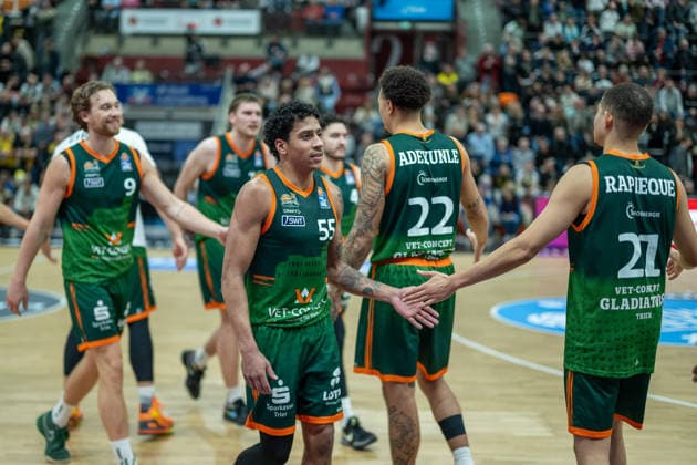 Marco Hollersbacher VET CONCEPT Gladiators Trier, 09 , Eli Brooks VET CONCEPT Gladiators Trier, 55 , Nolan Adekunle VET CONCEPT Gladiators Trier, 22 , Evans Rapieque VET CONCEPT Gladiators Trier, 21 , GER, MHP RIESEN Ludwigsburg vs VET CONCEPT Gladiators Trier, easycredit BBL, Basketball, Bundesliga, Matchday 9, Season 2025 2026, 06 12 2025, GER, MHP RIESEN Ludwigsburg vs VET CONCEPT Gladiators Trier, easycredit BBL, Basketball, Bundesliga, Matchday 9, Season 2025 2026, 06 12 2025 Ludwigsburg Copyright: xEibner-Pressefoto SaschaxWaltherx EP_EER