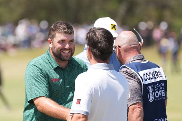 December 7, 2025, Melbourne, Victoria, Australia: Jack Senior of England shakes hands with Aaron Cockerill of Canada after finishing his final round at the 2025 Crown Australian Open at The Royal Melbourne Golf Club in Melbourne, Victoria, Australia. Melbourne Australia - ZUMAl303 20251207_aaf_l303_044 Copyright: xSydneyxLowx