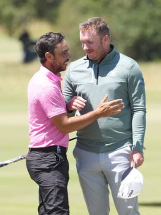 December 7, 2025, Melbourne, Victoria, Australia: Sebastian Garcia of Spain shakes hands with Daniel Young of Scotland after finishing his final round at the 2025 Crown Australian Open at The Royal Melbourne Golf Club in Melbourne, Victoria, Australia. Melbourne Australia - ZUMAl303 20251207_aaf_l303_052 Copyright: xSydneyxLowx