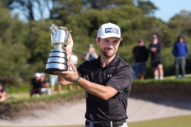 December 7, 2025, Melbourne, Victoria, Australia: Rasmus Neergaard-Petersen of Denmark with the Stonehaven Cup trophy after winning the 2025 Crown Australian Open at The Royal Melbourne Golf Club in Melbourne, Victoria, Australia. Melbourne Australia - ZUMAl303 20251207_aaf_l303_064 Copyright: xSydneyxLowx