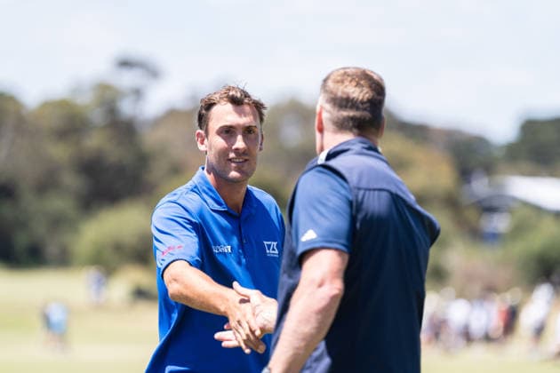 December 7, 2025, Melbourne, Victoria, Australia: Ugo Coussaud of France shales hands with Sean Crocker of the USA after finishing his final round at the 2025 Crown Australian Open at The Royal Melbourne Golf Club in Melbourne, Victoria, Australia. Melbourne Australia - ZUMAl303 20251207_aaf_l303_067 Copyright: xSydneyxLowx