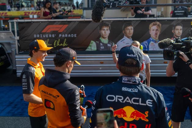 Formula 1 Abu Dhabi Grand Prix 2025 Oscar Piastri (McLaren Formula 1 Team, 81), Lando Norris (McLaren Formula 1 Team, 04), Max Verstappen (Oracle Red Bull Racing, 01) before drivers™ parade on race day at the Abu Dhabi GP 2025 07 12 2025