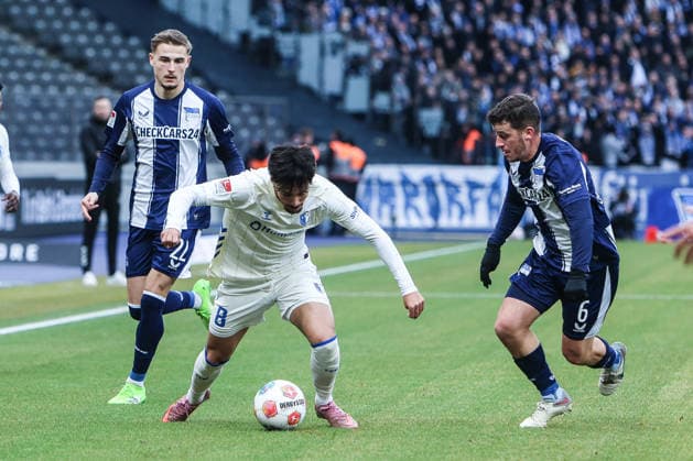 Sport, Football, 2 Bundesliga Season 2025 2026 15 Matchday Hertha BSC Berlin 1 FC Magdeburg 07 12 2025, Olympiastadion Berlin Laurin Ulrich 1 FC Magdeburg, 8 Diego Demme Hertha BSC Berlin, 6 Berlin Olympiastadion Berlin Berlin Germany