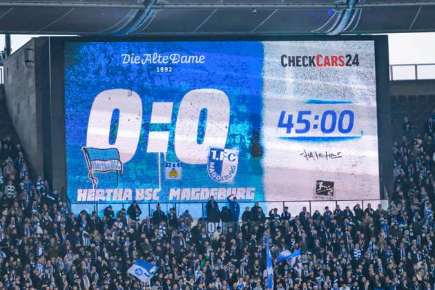 GER, Berlin, soccer, Hertha BSC vs 1 FC Magdeburg, DFB, 2nd Bundesliga, 2025 2026 season, f l t r led scoreboard, 0 0, DFB DFL REGULATIONS PROHIBIT ANY USE OF PHOTOGRAPHS AS IMAGE SEQUENCES AND OR QUASI VIDEO, December 7, 2025, Copyright: HMBxMedia UwexKoch