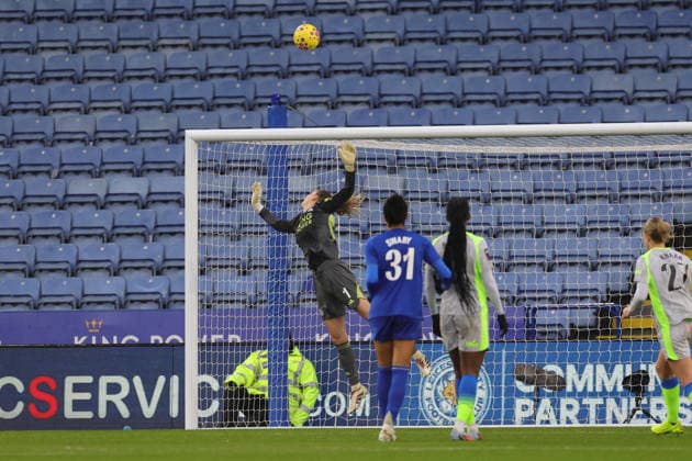 Leicester City Women v Manchester City Women Women s Super League 07 12 2025. Leicester City goalkeeper Janina Leitzig (1) watches a free kick over the bar during the Women s Super League match between Leicester City Women and Manchester City Women at the King Power Stadium, Leicester, England on 7 December 2025. Leicester King Power Stadium Leicestershire England Editorial use only , Copyright: xJohnxMallettx PSI-23356-0047