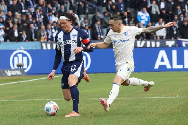 DEU, DFL, 2 FBL, Hertha BSC vs 1 FC Magdeburg, 07 12 2025, Berliner Olympiastadion, Berlin, DEU, DFL, 2 FBL, Hertha BSC vs 1 FC Magdeburg, im Bild Fabian Reese Hertha BSC Berlin 11 , Baris Atik 1 FC Magdeburg 23 DFL regulations prohibit any use of Photographs as image sequences and or quasi video nordphotoxGmbHx xEngler nph00076