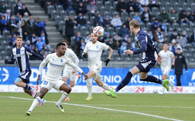 Lubambo Musonda, Philipp Hercher, Marten Winkler on the ball duel match scene action sport soccer soccer DFL 2 Bundesliga Men 15 Matchday Season 2025 2026 07 12 2025 Hertha BSC Berlin vs 1 FC Magdeburg FCM DFL regulations prohibit any use of photographs as image sequences and or quasi video