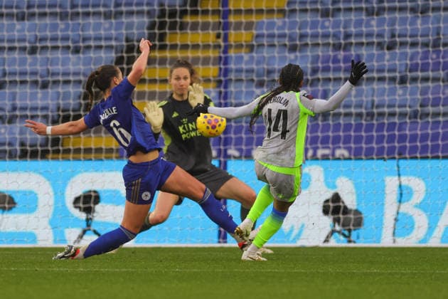 Leicester City Women v Manchester City Women Women s Super League 07 12 2025. Manchester City forward Kerolin Nicoli (14) has her shot saved by l1 during the Women s Super League match between Leicester City Women and Manchester City Women at the King Power Stadium, Leicester, England on 7 December 2025. Leicester King Power Stadium Leicestershire England Editorial use only , Copyright: xJohnxMallettx PSI-23356-0059