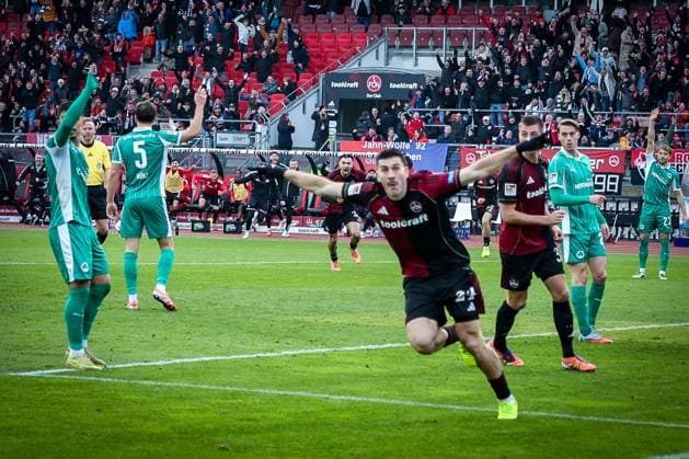 Luca Lochosvili 24 1FC Nuernberg celebrates his goal for 1 0, Emotion, Joy, 1 FC Nuernberg vs Spvgg Greuther Fuerth, Football, 2 Bundesliga, DFL, Season 2025 2026, Hinrunde, 15 Matchday, 07 12 2025 DFB regulations prohibit any use of photographs as image sequences and or quasi video Nuernberg Bayern Germany Copyright: xkolbert-press MartinxAgüerax