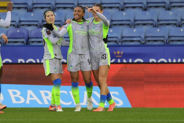 Leicester City Women v Manchester City Women Women s Super League 07 12 2025. GOAL 0-3 Manchester City forward Kerolin Nicoli (14) is congratulated for scoring City s third during the Women s Super League match between Leicester City Women and Manchester City Women at the King Power Stadium, Leicester, England on 7 December 2025. Leicester King Power Stadium Leicestershire England Editorial use only , Copyright: xJohnxMallettx PSI-23356-0062