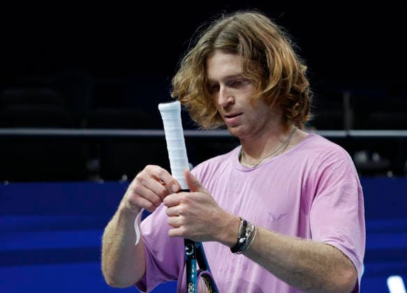 7th December 2025; Copper Box Arena, London, England; Victorian Plumbing UTS London Grand Final Tennis, Day Three; Andrey Rublev changes his racket grip during a practice session  HongboxChen