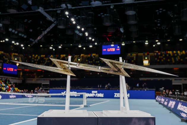 7th December 2025; Copper Box Arena, London, England; Victorian Plumbing UTS London Grand Final Tennis, Day Three; The winner s trophy displays on court before the matches  HongboxChen