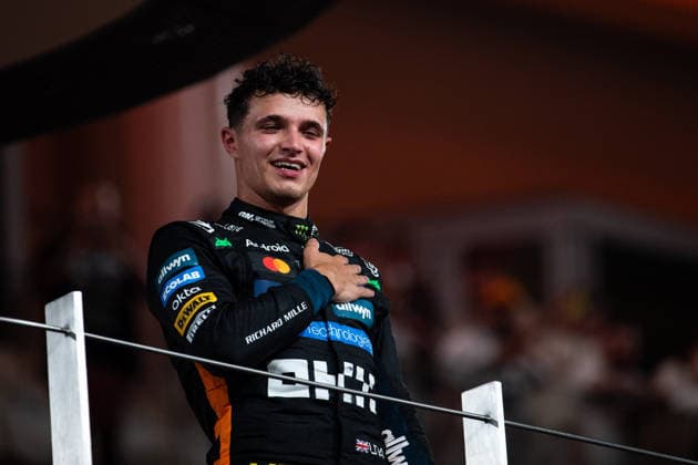 Lando Norris McLaren Formula 1 Team, Great Britain, 04 celebrates on the podium at the podium ceremony for 3rd place in the race and his first title as Driver World Champion, UAE, Formula 1 World Championship, Abu Dhabi Grand Prix, Yas Marina Circuit, Race, 07 12 2025 UAE, Formula 1 World Championship, Abu Dhabi Grand Prix, Yas Marina Circuit, Race, 07 12 2025 Yas Marina Island Copyright: xEibner-Pressefoto Memmlerx EP_MMR