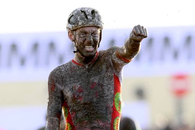 Belgian Michael Vanthourenhout celebrates as he crosses the finish line to win the men s elite race of the Cyclocross World Cup, in Terralba, Sardinia, Italy, Sunday 07 December 2025, stage 3 (out of 12) in the World Cup of the 2026-2027 season. DAVIDxPINTENS  x147198528x
