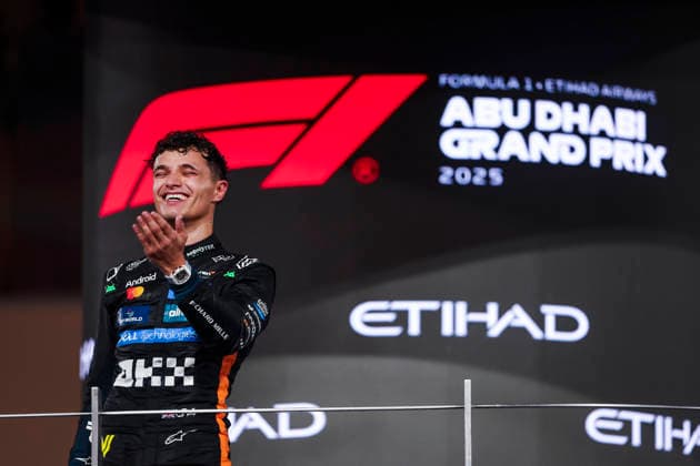 F1 - ABU DHABI GRAND PRIX 2025 NORRIS Lando (gbr), McLaren F1 Team MCL39, portrait celebrating his 1st F1 World Title on the podium during the 2025 Formula 1 Abu Dhabi Grand Prix, 24th round of the 2025 FIA Formula One World Championship, WM, Weltmeisterschaft from December 05 to 07, 2025 on the Yas Marina Circuit, in Abu Dhabi, United Arab Emirates - Abu DhabiUnited Arab Emirates  Copyright: xANTONINxVINCENTx