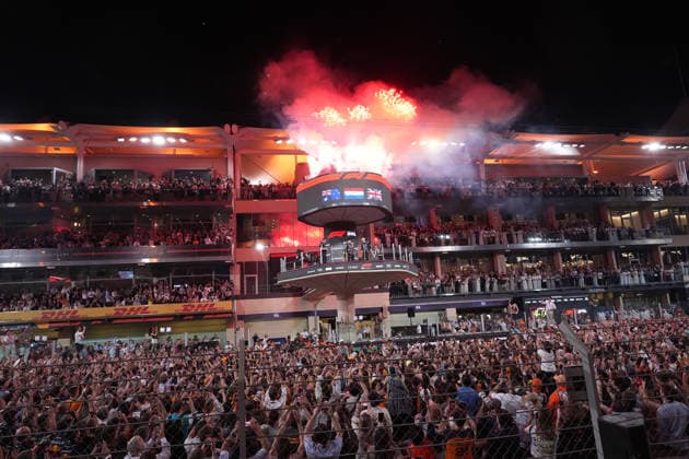 Formula 1 Etihad Airways Abu Dhabi Grand Prix 2025 07 12 2025, Yas Marina Circuit, Abu Dhabi, Formula 1 Etihad Airways Abu Dhabi Grand Prix 2025 , in the picture podium , winner Max Verstappen NLD , Oracle Red Bull Racing, 2nd place for Oscar Piastri AUS , McLaren F1 Team, 3rd place and thus the new Formula 1 World Champion 2025, Lando Norris GBR nordphotoxGmbHx xBratic nph00250