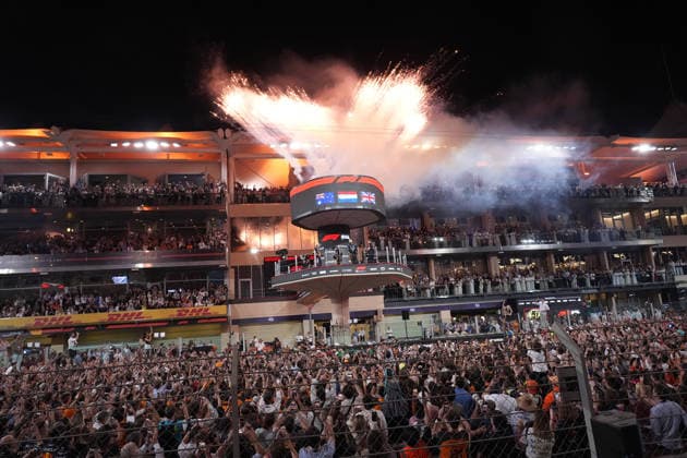 Formula 1 Etihad Airways Abu Dhabi Grand Prix 2025 07 12 2025, Yas Marina Circuit, Abu Dhabi, Formula 1 Etihad Airways Abu Dhabi Grand Prix 2025 , in the picture podium , winner Max Verstappen NLD , Oracle Red Bull Racing, 2nd place for Oscar Piastri AUS , McLaren F1 Team, 3rd place and thus the new Formula 1 World Champion 2025, Lando Norris GBR nordphotoxGmbHx xBratic nph00250