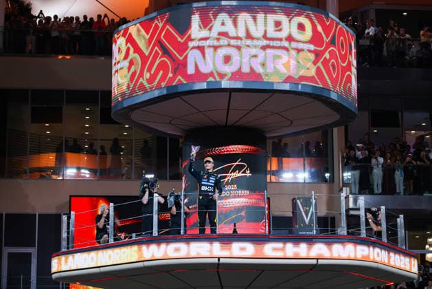 F1 Abu Dhabi Grand Prix 2025 F1 World Drivers Champion and Third placed Lando Norris of McLaren celebrates on the podium after Formula 1 Abu Dhabi Grand Prix at Yas Marina Circuit on December 7th, 2025 in Abu Dhabi, United Arab Emirates. Abu Dhabi United Arab Emirates  Copyright: xBeataxZawrzelx originalFilename:zawrzel-f1abudha251207_npM1Y.jpg