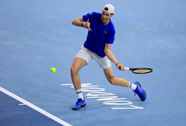 7th December 2025; Copper Box Arena, London, England; Victorian Plumbing UTS London Grand Final Tennis, Day Three; Ugo Humert plays a forehand shot against Alex de Minaur in the semi-final match  HongboxChen