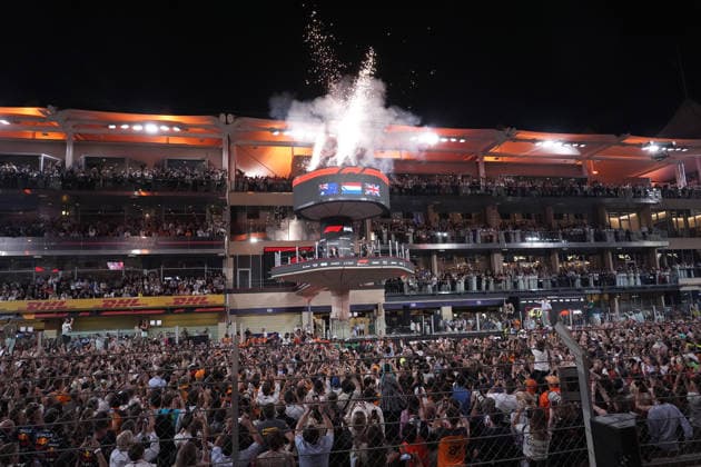 07 12 2025, Yas Marina Circuit, Abu Dhabi, Formula 1 Etihad Airways Abu Dhabi Grand Prix 2025 , in the picture podium , winner Max Verstappen NLD , Oracle Red Bull Racing, 2nd place for Oscar Piastri AUS , McLaren F1 Team, 3rd place and thus the new Formula 1 World Champion 2025, Lando Norris GBR Photo by Hasan Bratic DeFodi Images