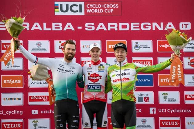 Dutch Joris Nieuwenhuis, Belgian Michael Vanthourenhout and Belgian Laurens Sweeck pictured on the podium after the men s elite race of the Cyclocross World Cup, in Terralba, Sardinia, Italy, Sunday 07 December 2025, stage 3 (out of 12) in the World Cup of the 2026-2027 season. DAVIDxPINTENS  x147202907x