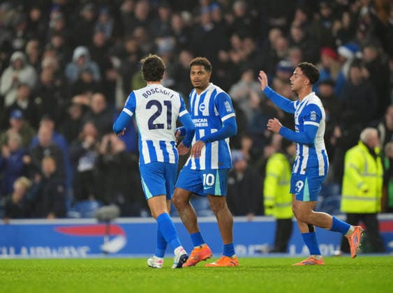 Brighton and Hove Albion v West Ham United, Premier League, Football, Amex Stadium, Brighton, UK - 07 Dec 2025 GOAL 1-1. Georginio Rutter (C) of Brighton celebrates after scoring the equaliser. Brighton Amex Stadium Brighton GBR, UK NEWSPAPERS OUT Copyright: xSeanxRyanx