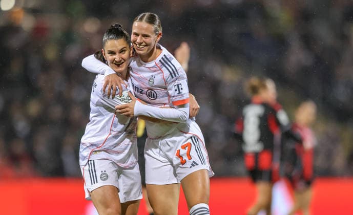 GER, Frankfurt, Eintracht Frankfurt vs FC Bayern Munich, Google Pixel Bundesliga, Football, DFB, Season 2025 2026, Stadion am Brentanobad, 12 Matchday in picture Klara Bühl Bayern Munich 17 scores the goal for 1 0, Emotions, jubilation and joy DFB DFL REGULATIONS PROHIBIT ANY USE OF PHOTOGRAPHS AS IMAGE SEQUENCES AND OR QUASI VIDEO, 07 12 2026 Copyright: HMBxMedia HendrikxHamelau