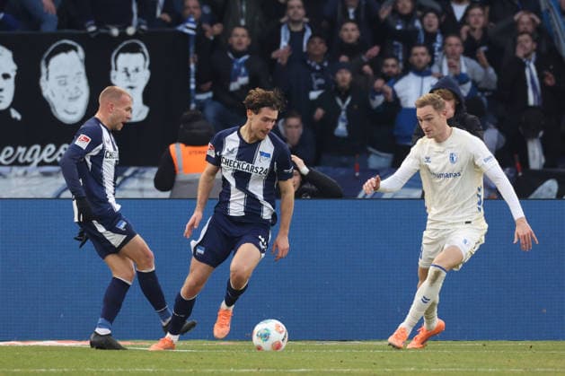 DEU, DFL, 2 FBL, Hertha BSC vs 1 FC Magdeburg, 07 12 2025, Berliner Olympiastadion, Berlin, DEU, DFL, 2 FBL, Hertha BSC vs 1 FC Magdeburg, im Bild Jon Dabur Thorsteinsson Hertha BSC Berlin 24 , Linus Gechter Hertha BSC Berlin 44 , Maximilian Breunig 1 FC Magdeburg 9 DFL regulations prohibit any use of Photographs as image sequences and or quasi video nordphotoxGmbHx xEngler nph00076