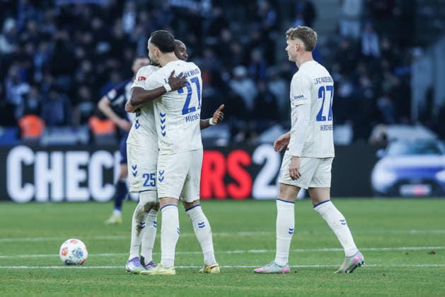 Sport, Football, 2 Bundesliga Season 2025 2026 15 Matchday Hertha BSC Berlin 1 FC Magdeburg 07 12 2025, Olympiastadion Berlin Silas Gnaka 1 FC Magdeburg, 25 Falko Michel 1 FC Magdeburg, 21 Philipp Hercher 1 FC Magdeburg, 27 Berlin Olympiastadion Berlin Berlin Germany