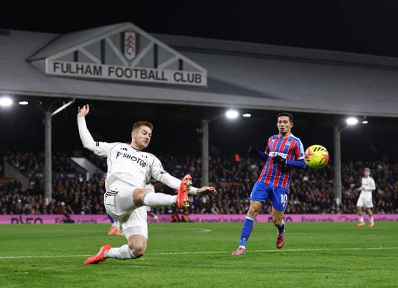 London, England, 7th December 2025. Joachim Andersen of Fulham clears under pressure from Yeremi Pino of Crystal Palace during the Fulham vs Crystal Palace Premier League match at Craven Cottage, London. Picture credit should read: David Klein Sportimage EDITORIAL USE ONLY. No use with unauthorised audio, video, data, fixture lists, club league logos or live services. Online in-match use limited to 120 images, no video emulation. No use in betting, games or single club league player publications. SPI_010_DK_Fulham_Palace SPI-4355-0010